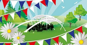 Coloured drawing of a band under a white canopy in a field with trees, white flowers and blue, white and red bunting. For Queen’s Platinum Jubilee Events In Kent