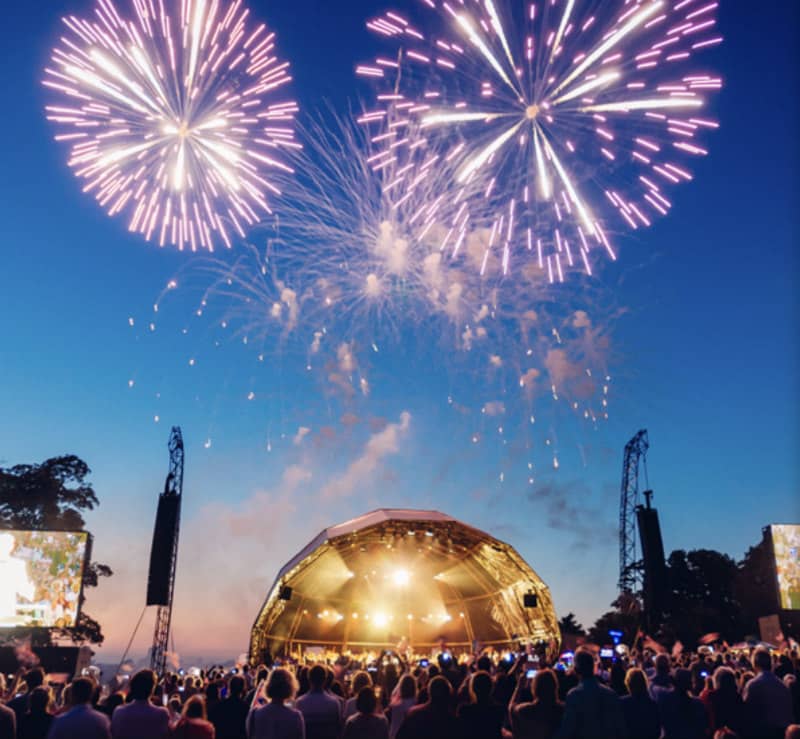 Picture of a lit globe as a stage, fireworks above and crowd watching. Leeds Castle Concert listed in Carnivals, Fairs & County Shows In Kent 2022 blog post