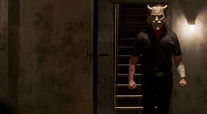 Photograph of a man with a scary animal mask on for the new movie The Black Phone