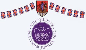 Queen's Jubilee logo on a plain background with the town's crest and union jack bunting for Tenterden’s Jubilee Celebrations. For Queen’s Platinum Jubilee Events In Kent